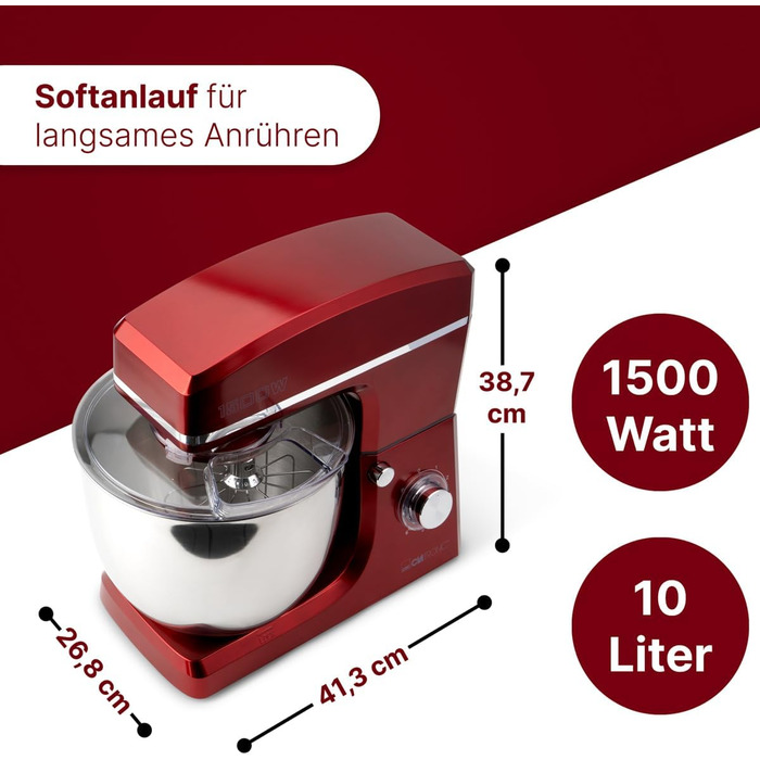 Кухонна машина Clatronic KM 3765 XXL: 10л, 1500W, міксер, гак для тіста, насадка для збивання, захист від розбризкування