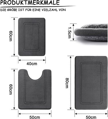 Набір килимків для ванної кімнати Chakme з 3 предметів, піна з ефектом пам'яті, не ковзає, можна прати, темно-сірий