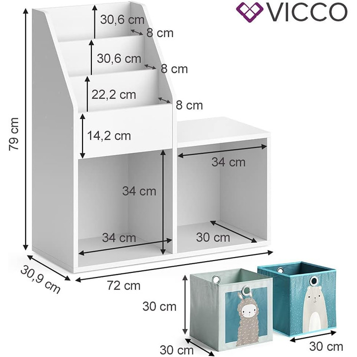 Дитяча полиця Vicco Полиця для іграшок Луїджі Книжкова шафа для зберігання Полиця для коміксів для дітей ((лавка 2 відділення), ) (біла, 72x79 зі складними коробками Ведмідь/Вівця)