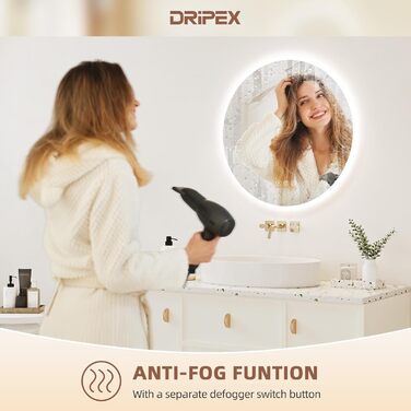 Дзеркало для ванної кімнати Dripex з LED-підсвічуванням, сенсорне керування, регулювання яскравості, 3 кольори світла, антизапар, 80x80 см (кругле, 50x50 см)