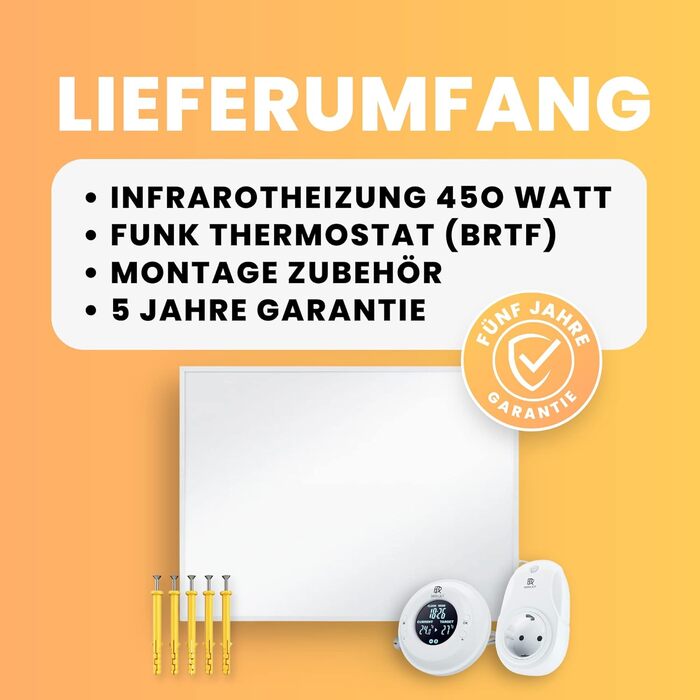 Інфранічний обігрівач BR Bringer 450 Вт з термостатом та пультом дистанційного керування - Економний інфрачервоний електрообігрівач. 5 років гарантії, TÜV GS, німецька якість (білий)
