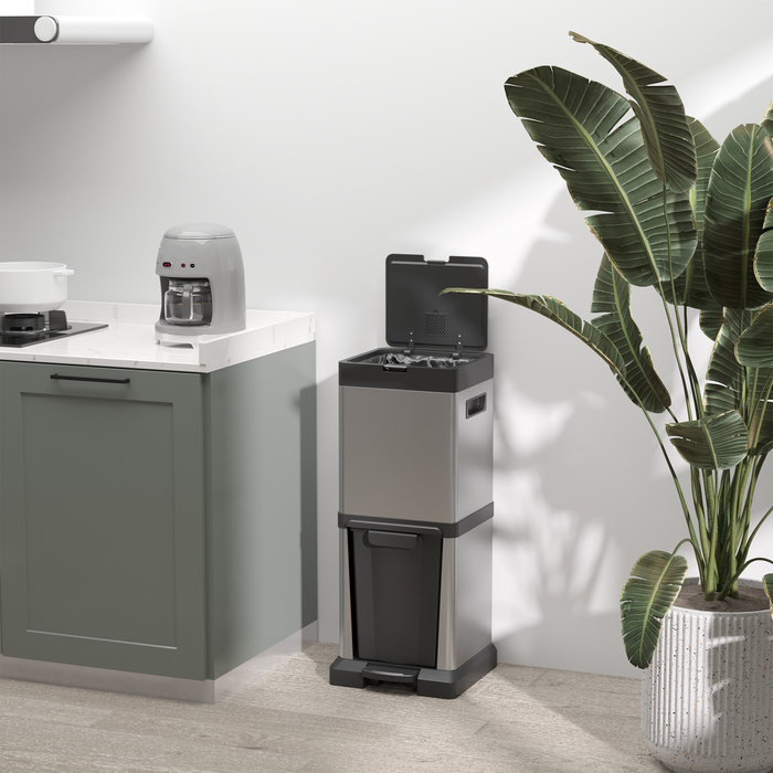 Сміттєвий відер з педаллю та розділенням 20+14 л, нержавіюча сталь, з кришкою та вийманими внутрішніми контейнерами, 32,5 x 31,5 x 78 см, сріблястий