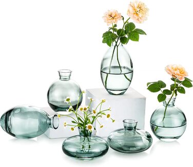 Маленькі вази для прикраси столу, вінтажна ваза ручної роботи, міні-ваза з 3 предметів, скляна ваза для квітів, сучасний набір, різна велика гладка ваза з гідропонного скла для прикраси квітів, весільного столу, вітальні (2 комплекти, зеленого кольору)