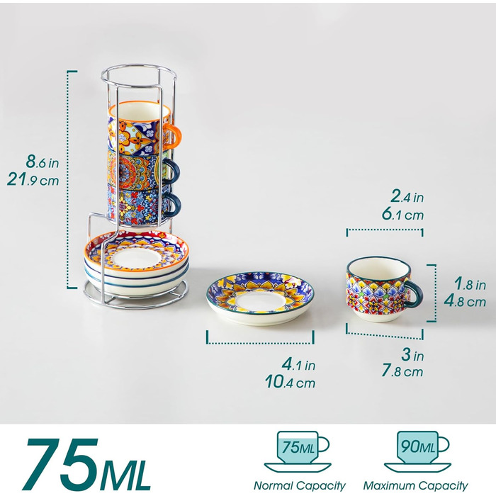 Набір чашок для еспресо Vancasso 4 шт., 150 мл SIMI з підставками та стійкою, керамічні чашки для еспресо, капучино, лате, мокко