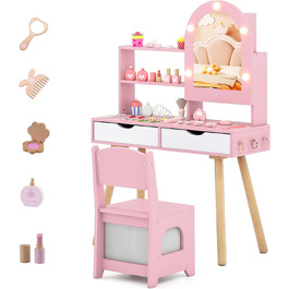 Дитячий туалетний столик DREAMADE 2 в 1 з кріслом, LED-дзеркало, шафка та ящики, для дітей від 3 років (Рожевий)
