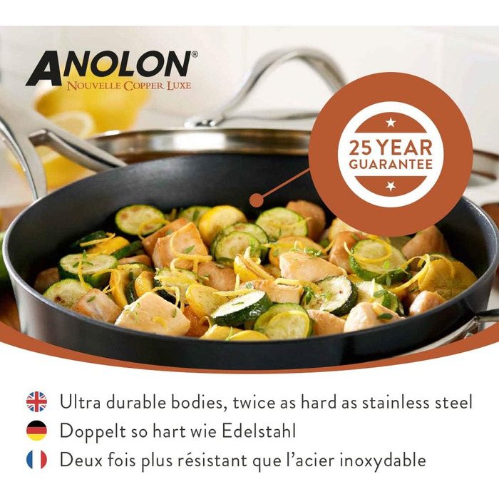 Сковорода Anolon Nouvelle Luxe, мідна сковорода з багатошаровим, посиленим дном для оптимального розподілу тепла, сковорода з антипригарним покриттям для всіх типів плит, 25 см Luxe 25 см