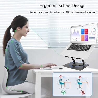 Підставка для ноутбука з регулюванням висоти та поворотним підставою 360°, ергономічна, вентильована, чорна (10-17 дюймів)