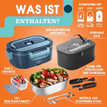 Електрична ланчбокс TRAVELISIMO 80W, 1,5L, 3-в-1, для авто/вантажівки, 12V/24V/220V, мікрохвильова функція, темно-синій