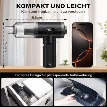 Аккумуляторний автомобільний пилосос APPS2Car 15000Па, бездротовий ручний пилосос з цифровим дисплеєм, складаний дизайн та 2 HEPA-фільтрами для авто, дому та кухні