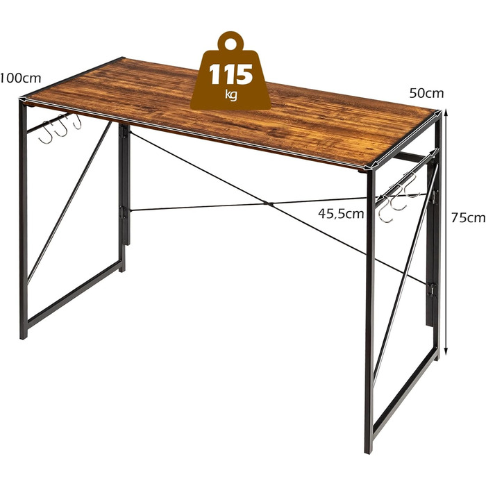 Складаний стіл COSTWAY, розкладний стіл 100 x 50 см з 6 гачками та металевим каркасом, компактний комп'ютерний стіл Промисловий робочий стіл для домашнього офісу, 115 кг з можливістю завантаження (сільський коричневий)