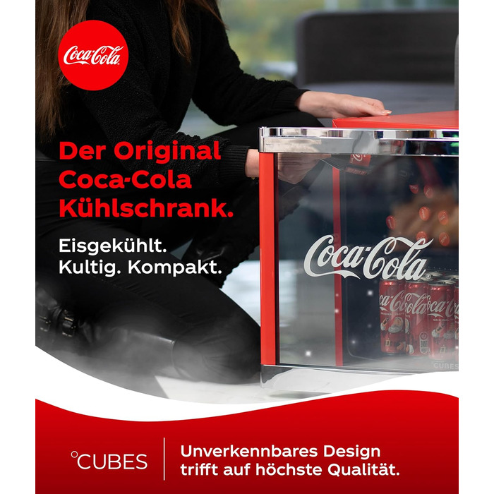 Міні-холодильник для напоїв °CUBES Original Coca-Cola PopArt червоний (48л) з glass-дверцяма, енергоефективний та безшумний — для офісу, геймінгу та вечірок