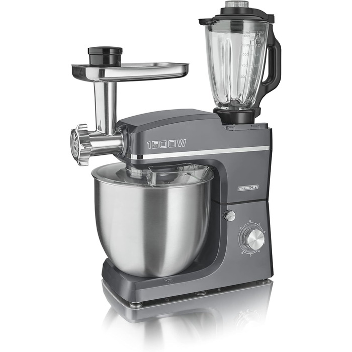 Кухонний комбайн HEINRICHS 3-в-1: міксер, кухонний прилад, м'ясорубка, 1500W, 6 швидкостей, 1.5л, 10л чаша, сірий