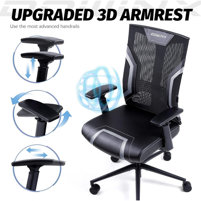 Ігровий крісло Dowinx для офісу та дому: ергономічне, з 3D підлокітниками, функцією гойдання, шкіряне, поворотне, чорно-сіре