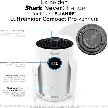 Повітряний фільтр Shark NeverChange HP150EU: для кімнат до 60 м², HEPA-фільтр на 5 років, уловлює 99,97% алергенів, авто-режим, тиха робота, LED-дисплей, білий