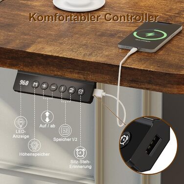 Електричний регульований стіл JUMMICO з USB-портом для зарядки, 140 x 60 см, коричневий