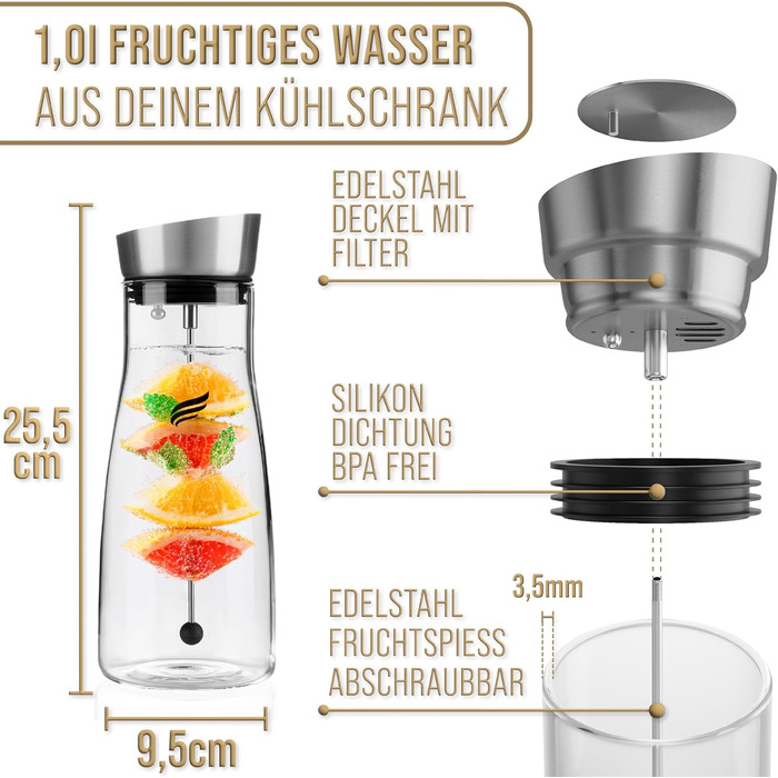 Скляна джезва 1.0л Laura - Преміум глечик для води з кришкою з нержавіючої сталі та вставкою для фруктів з термостійкого боросилікатного скла