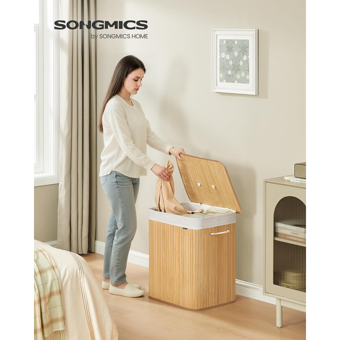 Кошик для білизни SONGMICS з кришкою, 2 відділення, 120 літрів, бамбук, складний, знімний мішок для прання, з ручками, для ванної кімнати, спальні, натуральний колір
