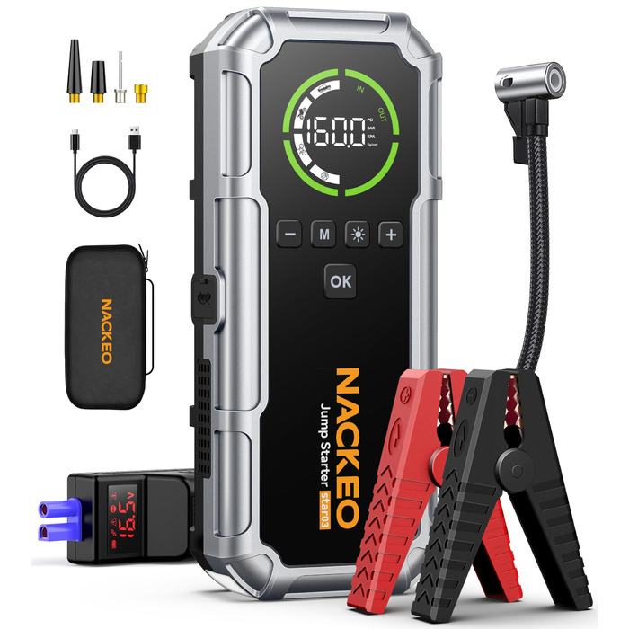Powerbank Starthilfe 8000A з компресором 160PSI, 12V для авто, 20000mAh, LED-ліхтар, LCD-дисплей, сріблястий