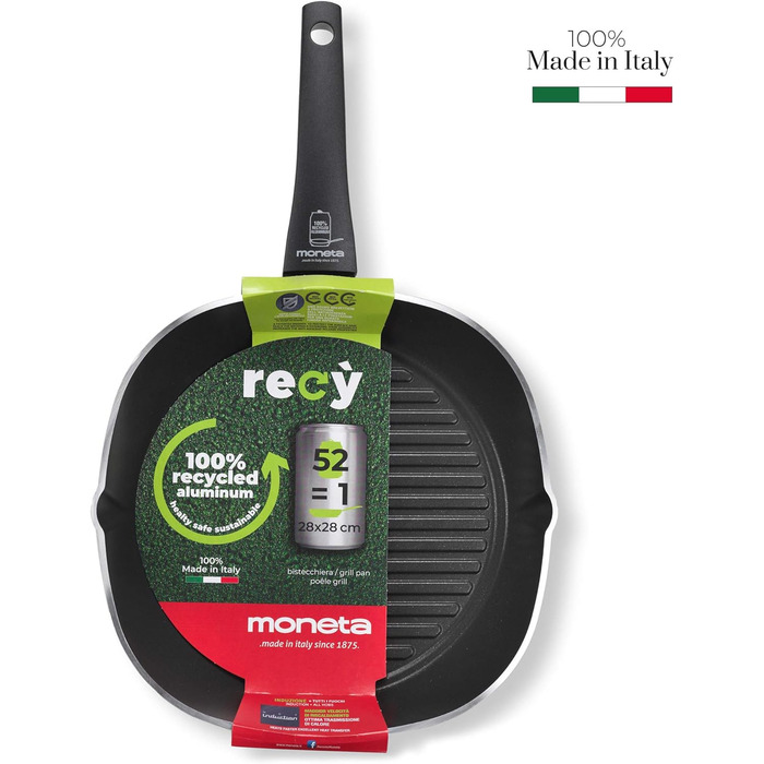 Сковорода гриль Moneta Ricla 28 см, з дозованим покриттям, чорна, з корпусу з 100% переробленого алюмінію