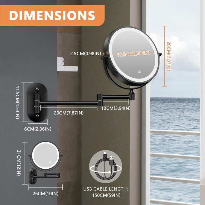 Дзеркало для макіяжу Auxmir з підсвічуванням, 1X/ Акумуляторний, 3200mAh, для гоління, настінний, з регулюванням яскравості, збільшення 30X, 3 кольори світла, поворот на 360°, для ванної кімнати (Чорний)