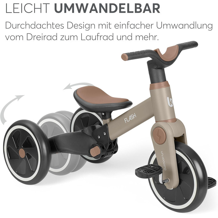 KikkaBoo Flash 5-в-1: Триколісний велосипед-каталка для дітей від 18 місяців, бежевий. З регульованою ручкою, EVA колеса, сталевий каркас.