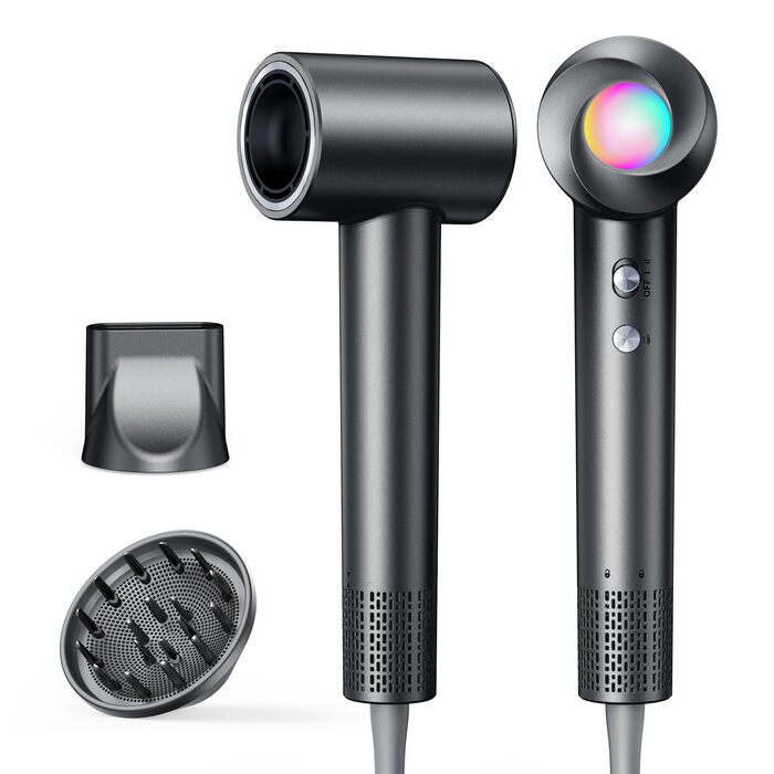 Іонний фен для волосся з дифузором, професійний стайлер 150 000 об/хв, 8 режимів температури з LED-дисплеєм, для кучерявого та густого волосся, чорний