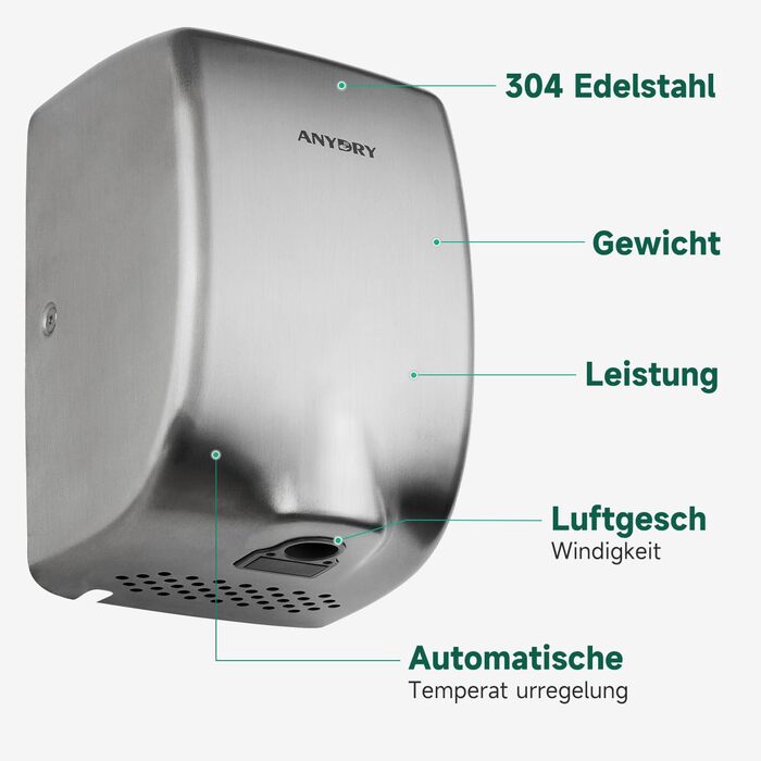 Anydry 2803Y Міні-сушарка для рук, 1350W, нержавіюча сталь, матове покриття, для офісу та дому