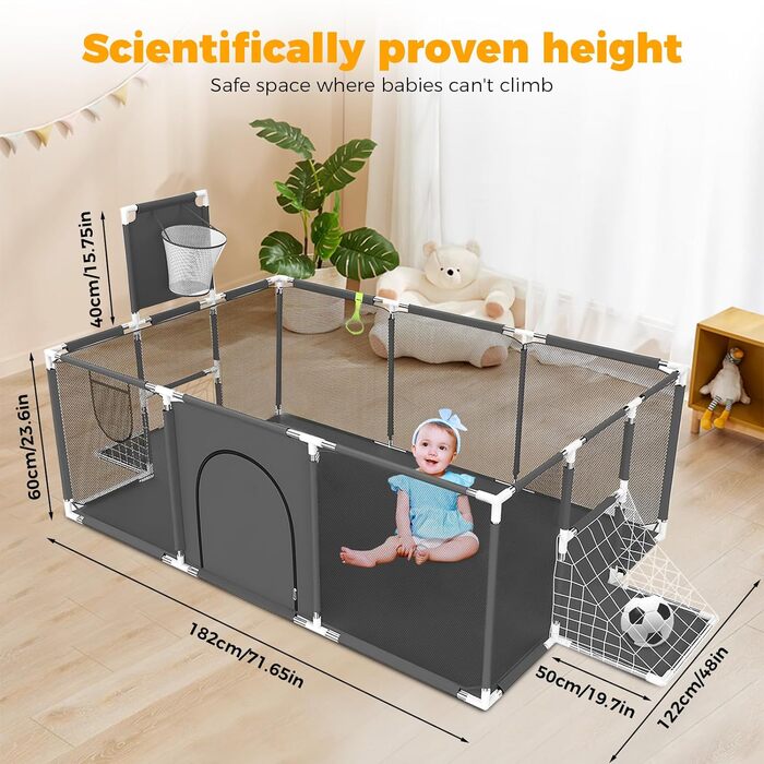 Дитячий манеж, Дитячий манеж складний 182 см * 122 см, Дитячий манеж, з дихаючою сіткою, Баскетбольне кільце та футбольна драбина, Дитячий манеж, Центр дитячої активності