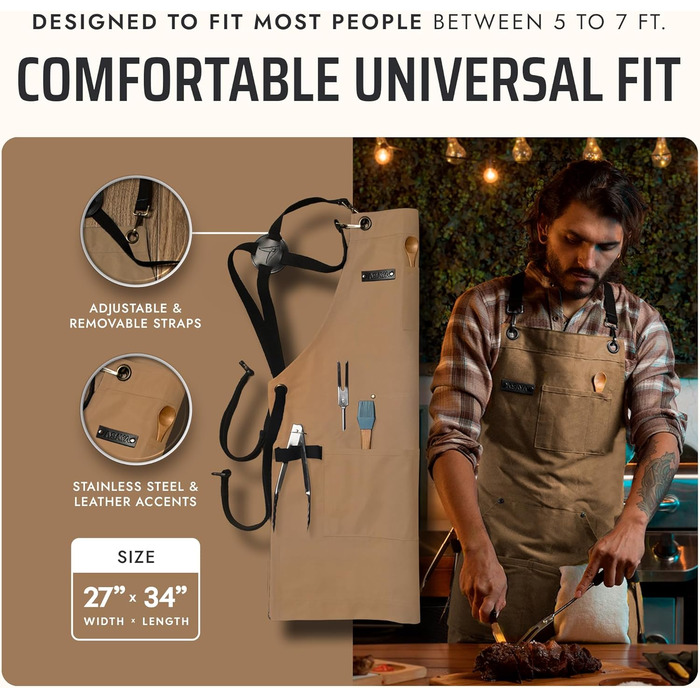 Фартух Asaya для жінок та чоловіків + рушник та відкривачка для пляшок – 284 мл, Canvas (світло-коричневий)