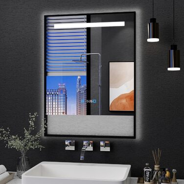 Дзеркало для ванної кімнати YU YUSING 80x60 см з підсвічуванням LED, 3 кольори світла, регулювання яскравості, антизапарник, сенсорне управління, таймер, загартоване скло, IP44 (чорний з полицею)