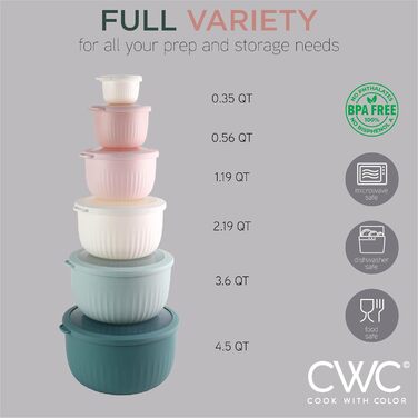 Набір мисок COOK WITH COLOR 12 шт. з кришкою, блакитно-зелений, глибокі, з можливістю складання, пластик