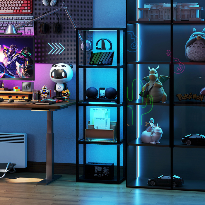 Стійка лампа HOMCOM з RGB підсвічуванням та скляними полицями, 4-рівнева LED-стійка лампа з пультом дистанційного керування, синхронізація з музикою, чорного кольору