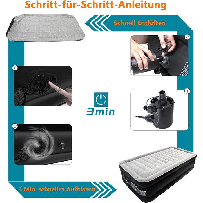 Надувне ліжко XMTECH 2-місний надувний надувний матрац із вбудованим електричним насосом, надувний матрац для кемпінгу та гостьового ліжка, 195 см x 152 см x 46 см (187 x 90 x 46 см (одномісний))