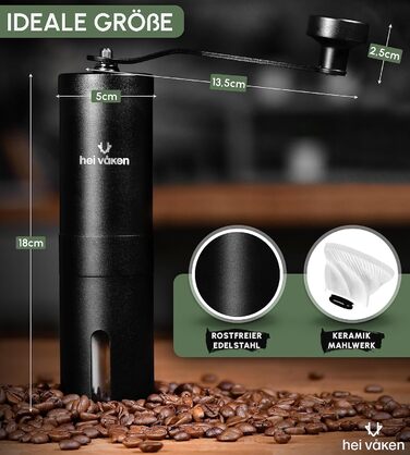 Ручна кавомолка з конічним жорнами - регульований ступінь помелу - кавомолка з нержавіючої сталі для дому та в дорогу