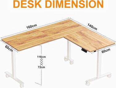 Електричний кутовий стіл BEXEVUE з регулюванням висоти 160x140 см, 3 функції пам'яті, антиколізійна технологія, для дому та офісу, бежевий