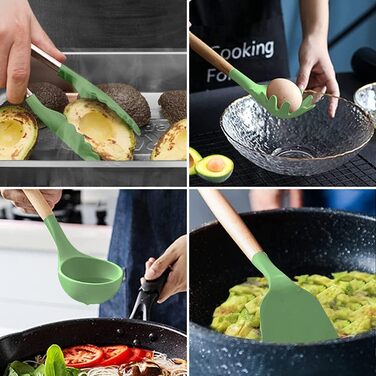 Набір кухонних аксесуарів 13шт, силікон, стійкий до високих температур, з дерев'яною ручкою (авокадо-зелений)