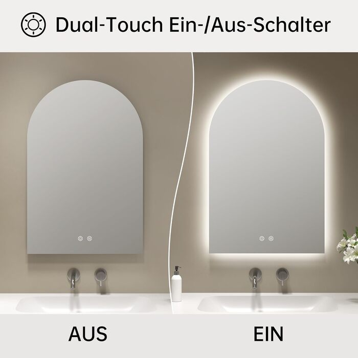 Дзеркало для ванної кімнати OUMUSU з підсвічуванням, 50x75 см, без рами, арочне, антизапотівальне, сенсорне керування, диммування, 3 кольори світла