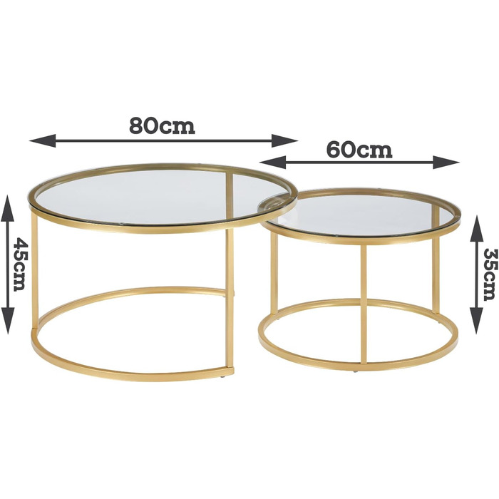 Набір журнальних столиків Soayone з 2 скла/металу, круглий, 70x70x45 & 50x50x40 см, золото