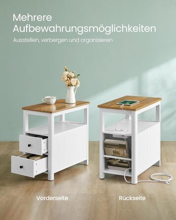 Приставний столик VASAGLE з розетками, 2 шухляди, для невеликих кімнат, стиль марина, горіхово-білий (LET327W14)