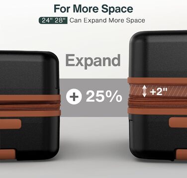 Набір дорожніх валіз Koffer Hartschale (20/24 дюйми), легкий полікарбонат PC, розширюваний ручний багаж та чемодан з колесами та TSA замком, чорний, преміум-якість