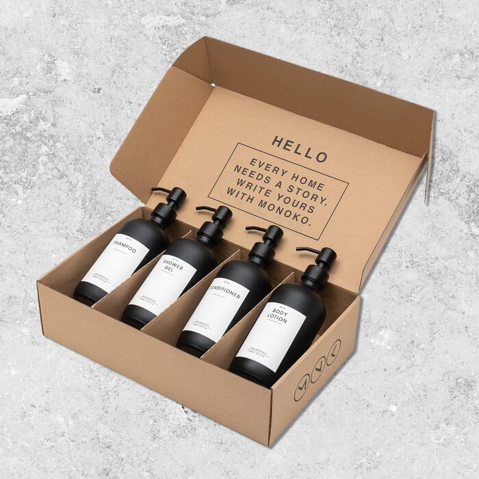 Набір дозаторів для мила MONOKO (4 шт.) чорного матового скла, 500 мл | Дозатори для шампуню, мила, кухні | Нержавіюча сталь, насосна головка | з наліпками