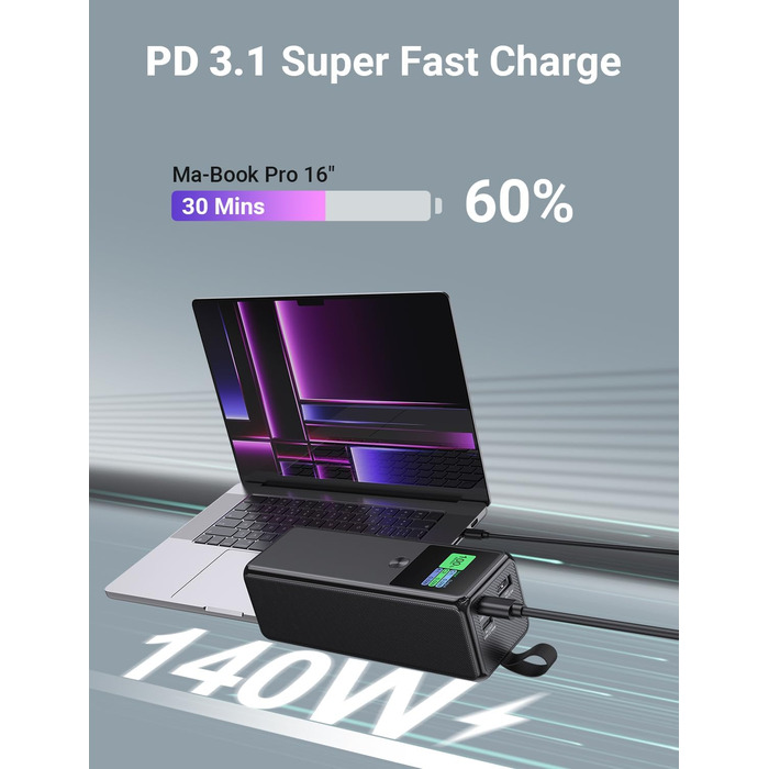 Power Bank VAFOTON 27000mAh 140W з 3 портами, цифровим дисплеєм та USB-C кабелем (Чорний)