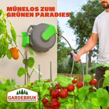 Шланговий барабан Gardebruk® 20м + 2м з кріпленням для стіни, 1/2', для саду, багатофункціональна ручна лійка, система подачі та намотування шланга