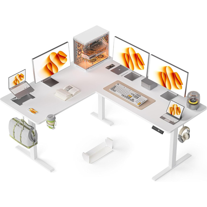 Електричний кутовий стіл WALKINGDESK 160 x 140 см для офісу, геймінгу та дому. Регулювання висоти, білий колір, з органайзером для кабелів