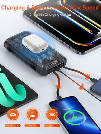 Бездротовий зарядний пристрій USB-C 22,5 Вт, 4 виходи, 2 входи, інтегровані кабелі, сірий, 42800mAh