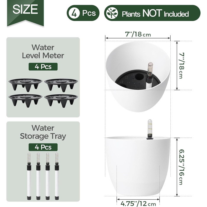 Набір горщиків для квітів T4U 15см з автополивом та індикатором рівня води, 4 шт. Горщики для квітів, вазони для дому та саду (білі, 18.5*16см)