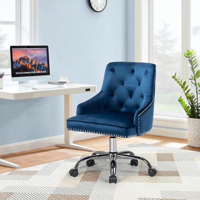 Крісло офісне Fiximaster з велюру, поворотне, з роликами, регульоване по висоті, для макіяжу, з золотими ніжками, сучасне, для офісу, спальні або туалетного столика, до 135 кг (Блакитне)
