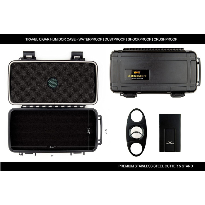 Вишуканий вологостійкий кейс для сигар Kobi & Knight з різаком та підставкою – аксесуар для сигар, подарунковий набір для 12.7 x 20.3 см сигар