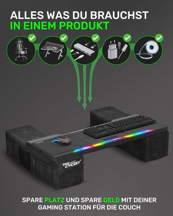 Couchmaster CYCON³ Black HORIZONLIGHT – стіл для ноутбука для геймінгу, чорний, з USB-хабом