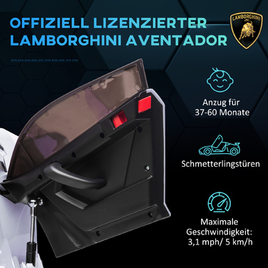 Електромобіль HOMCOM для дітей, ліцензійна модель Lamborghini Aventador, з дверима-метеликами, музикою, звуком клаксона, для дітей віком 3-5 років, білий